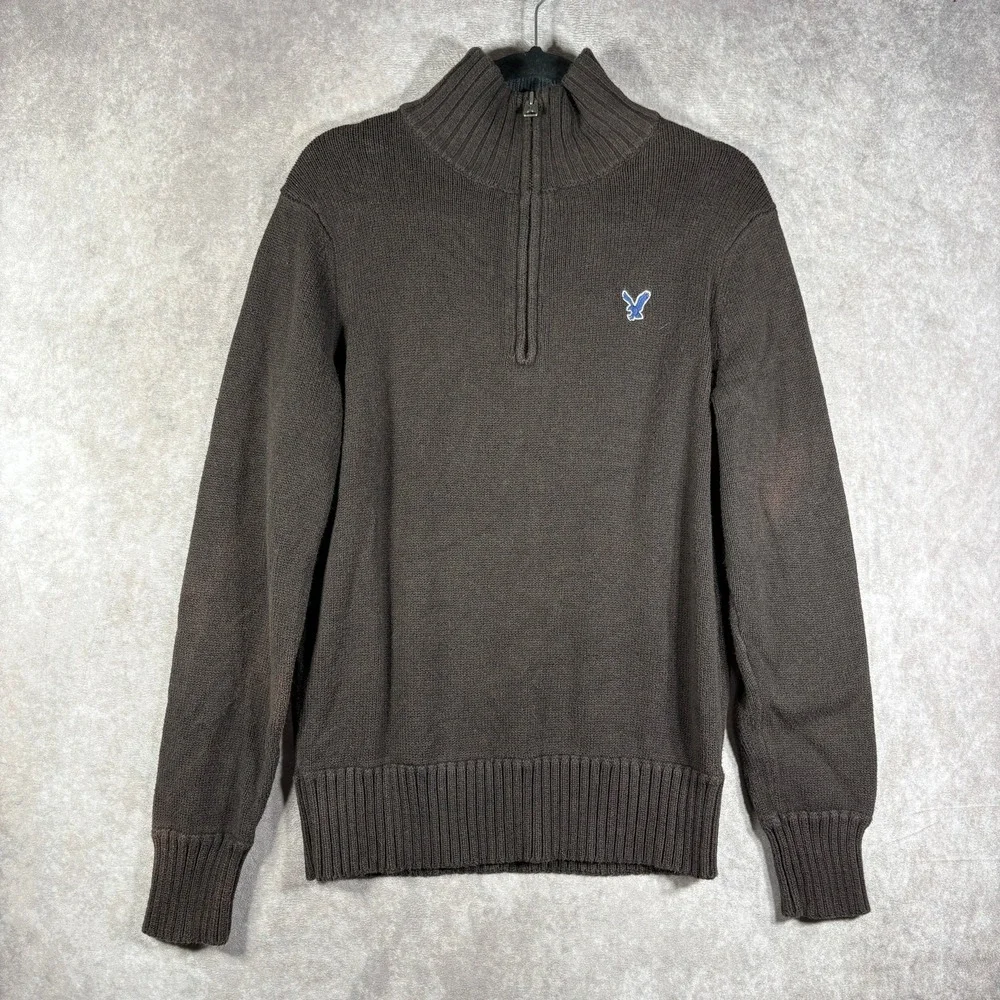 American Eagle Sweater Mens Medium Brown Knit Quarter Zip Pullover Preppy Y2K